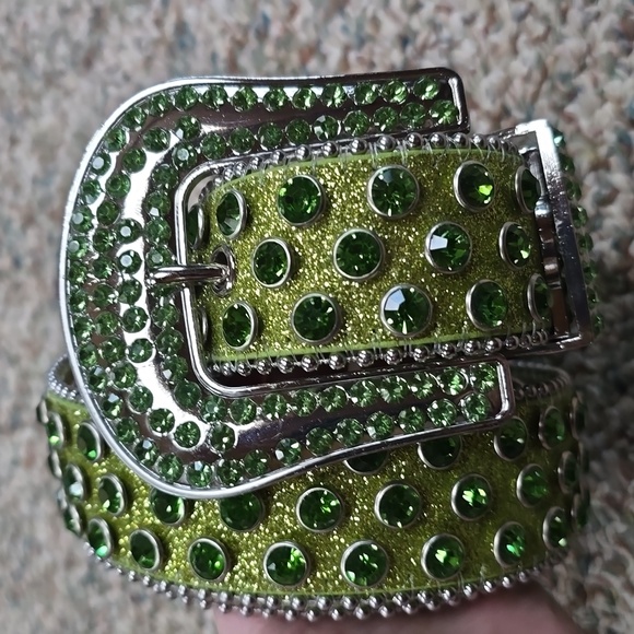 Green Sparkly Glitter Rhinestone Western Belt Men Women Large 50" New - Picture 2 of 6
